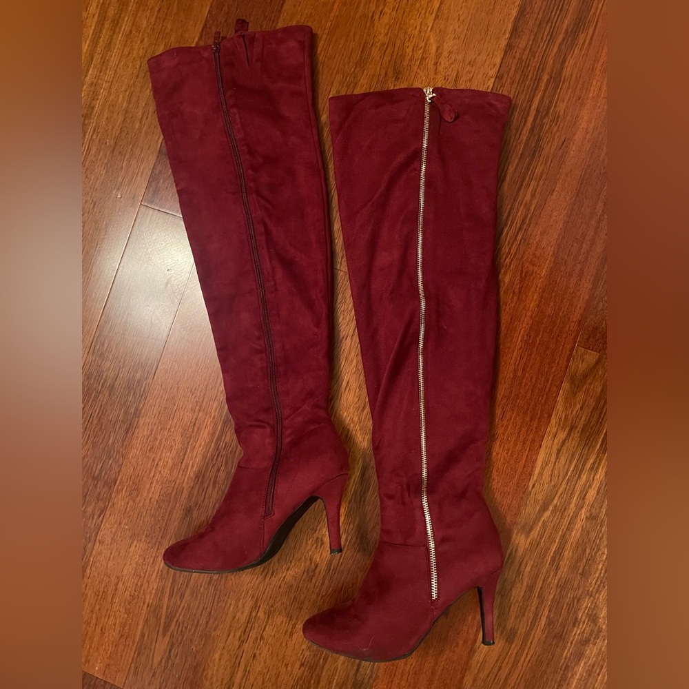 Over the Knee Burgundy Velvet Boots with Gold Zipper (3.5”)